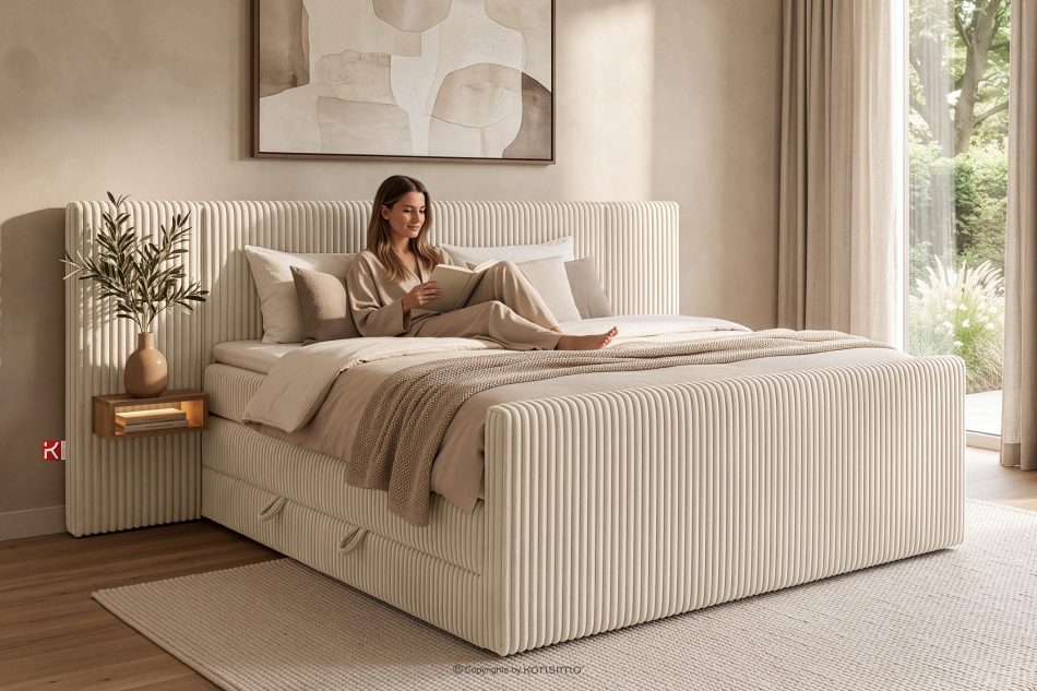 LILIUM PRO Boxspringbett mit LED-Nachttischen Doppelzimmer mittelhart 180 cm Doppelmatratze + HR-Topper Cordstoff beige beige - Foto 22