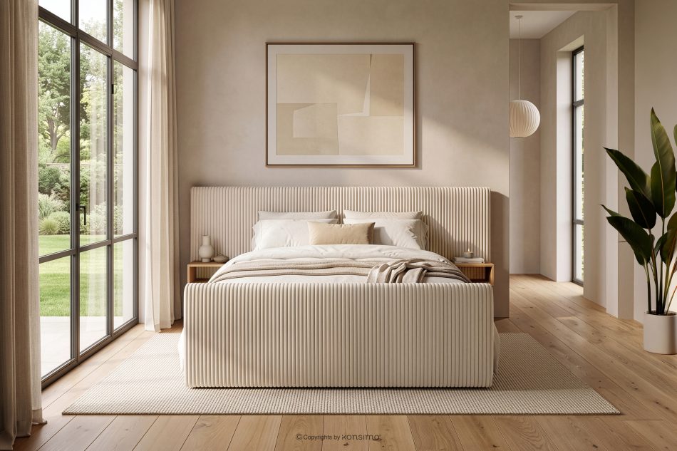 LILIUM PRO Boxspringbett mit LED-Nachttischen Doppelzimmer mittelhart 180 cm Doppelmatratze + HR-Topper Cordstoff beige beige - Foto 23