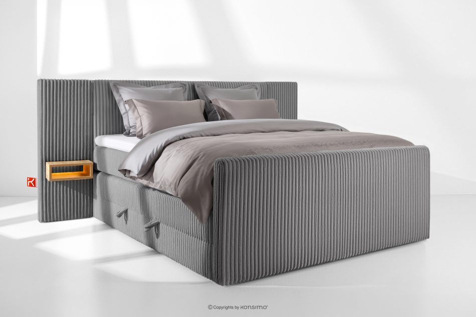 LILIUM PRO Boxspringbett mit LED-Nachttischen Doppelzimmer mittelhart 180 cm Doppelmatratze + Visco-Topper Cordstoff grau grau - Foto 1