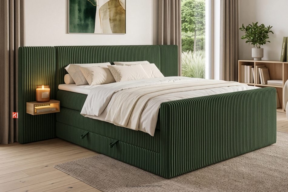 LILIUM PRO Boxspringbett mit LED-Nachttischen Doppelzimmer mittelhart 180 cm Doppelmatratze + Visco-Topper Cordstoff in Dunkelgrün dunkelgrün - Foto 21