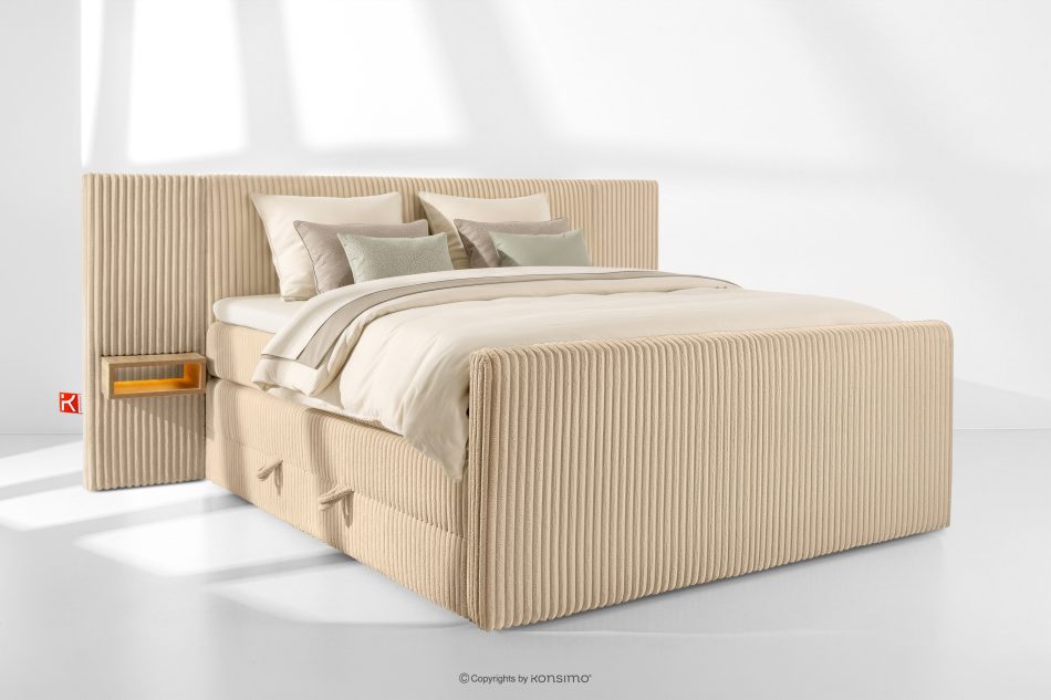 LILIUM PRO Boxspringbett mit LED-Nachttischen Doppelzimmer mittelhart 180 cm Doppelmatratze + Visco-Topper Cordstoff sandfarben sandfarben - Foto 1