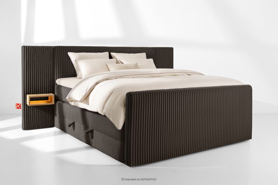 LILIUM PRO Boxspringbett mit LED-Nachttischen Doppelzimmer mittelhart 180 cm Doppelmatratze + Visco-Topper Cordstoff in Dunkelbraun dunkelbraun - Foto 1
