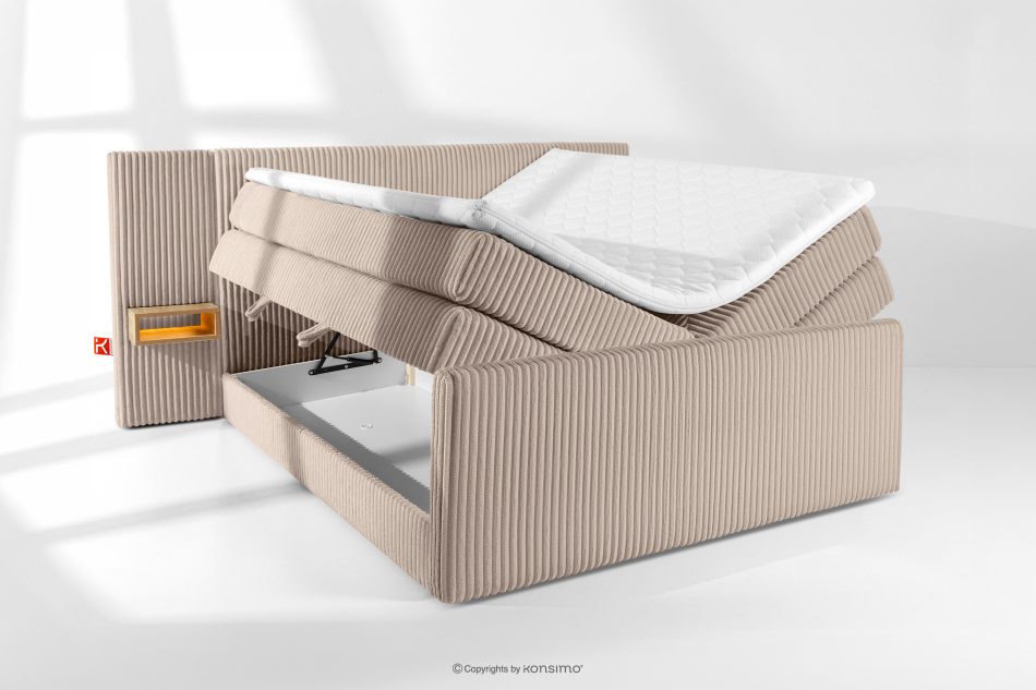 LILIUM PRO Boxspringbett mit LED-Nachttischen Doppelzimmer mittelhart 180 cm Doppelmatratze + Visco-Topper Cordstoff taupe taupe - Foto 8