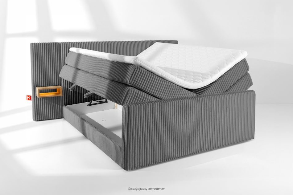 LILIUM PRO Boxspringbett mit LED-Nachttischen Doppelzimmer hart 180 cm Doppelmatratze + HR-Topper Cordstoff grau grau - Foto 8