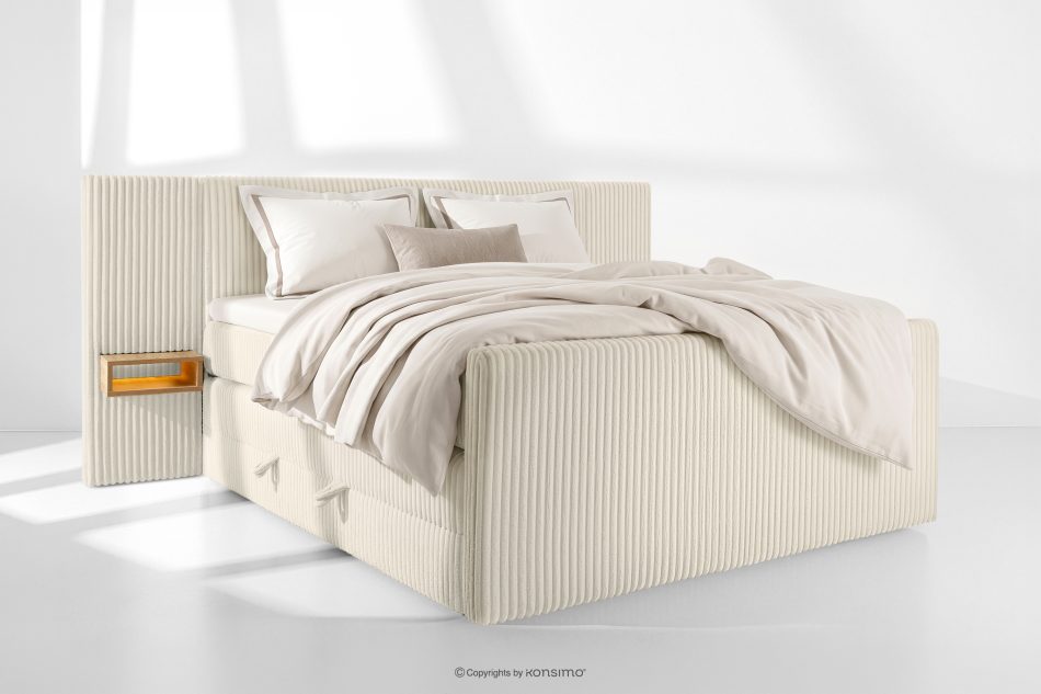 LILIUM PRO Boxspringbett mit LED-Nachttischen Doppelzimmer hart 180 cm Doppelmatratze + HR-Topper Cordstoff weiß/ecru weiß/ecru - Foto 1
