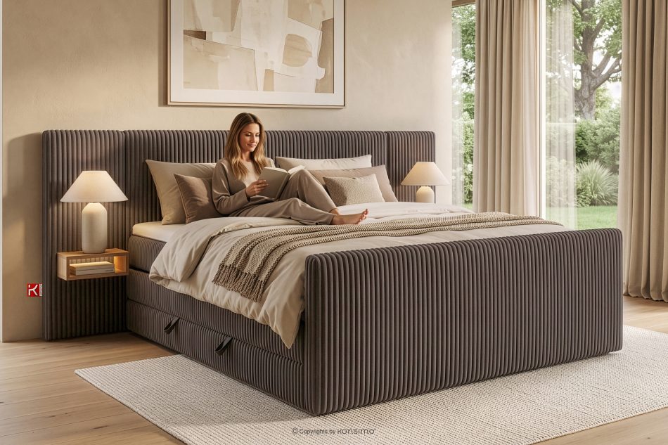 LILIUM PRO Boxspringbett mit LED-Nachttischen Doppelzimmer hart 180 cm Doppelmatratze + Visco-Topper Cordstoff braun braun - Foto 22