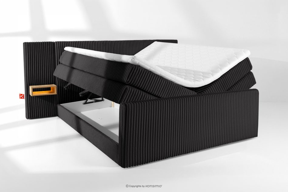 LILIUM PRO Boxspringbett mit LED-Nachttischen Doppelzimmer mittelhart 200 cm Doppelmatratze + HR-Topper Cordstoff schwarz schwarz - Foto 8