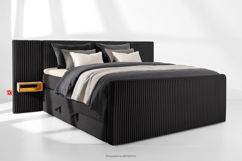 LILIUM PRO Boxspringbett mit LED-Nachttischen Doppelzimmer mittelhart 200 cm Doppelmatratze + Visco-Topper Cordstoff schwarz schwarz - Foto 1