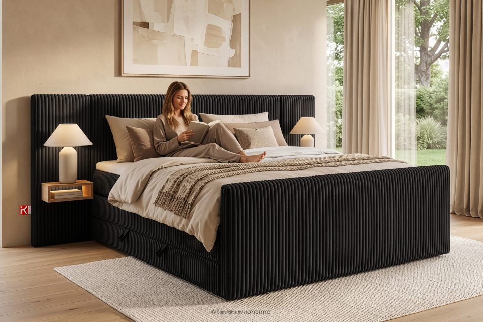 LILIUM PRO Boxspringbett mit LED-Nachttischen Doppelzimmer mittelhart 200 cm Doppelmatratze + Visco-Topper Cordstoff schwarz schwarz - Foto 22