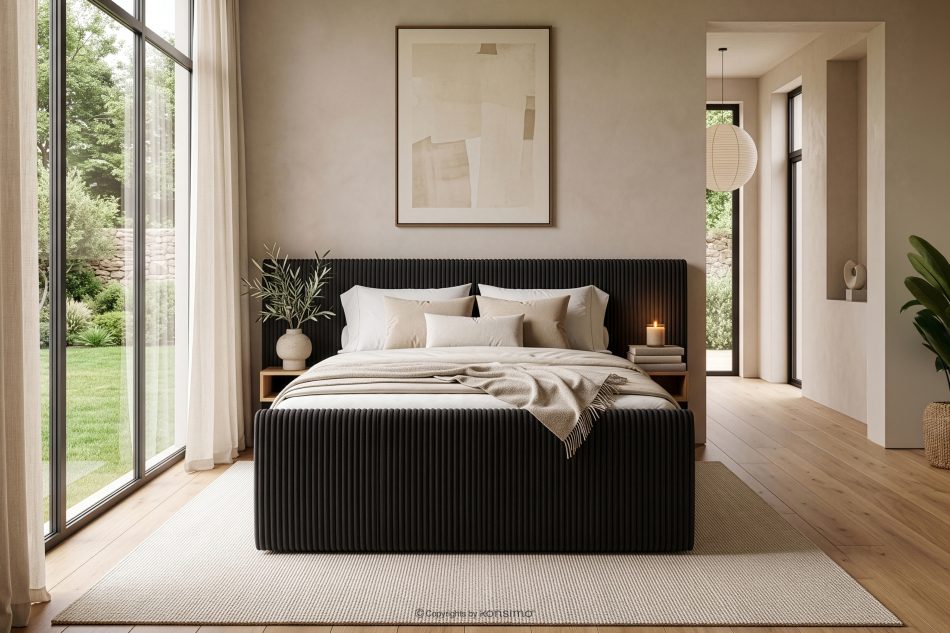 LILIUM PRO Boxspringbett mit LED-Nachttischen Doppelzimmer mittelhart 200 cm Doppelmatratze + Visco-Topper Cordstoff schwarz schwarz - Foto 23