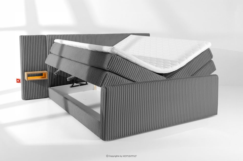 LILIUM PRO Boxspringbett mit LED-Nachttischen Doppelzimmer mittelhart 200 cm Doppelmatratze + Visco-Topper Cordstoff grau grau - Foto 8