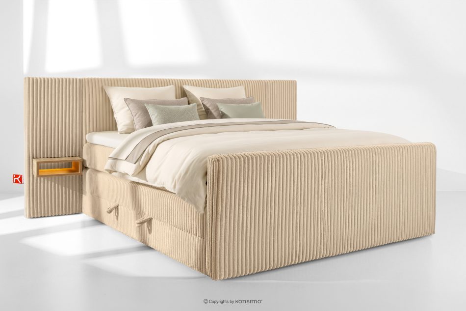 LILIUM PRO Boxspringbett mit LED-Nachttischen Doppelzimmer mittelhart 200 cm Doppelmatratze + Visco-Topper Cordstoff sandfarben sandfarben - Foto 1