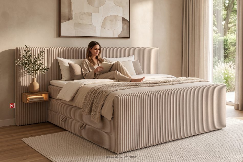 LILIUM PRO Boxspringbett mit LED-Nachttischen Doppelzimmer mittelhart 200 cm Doppelmatratze + Visco-Topper Cordstoff taupe taupe - Foto 22