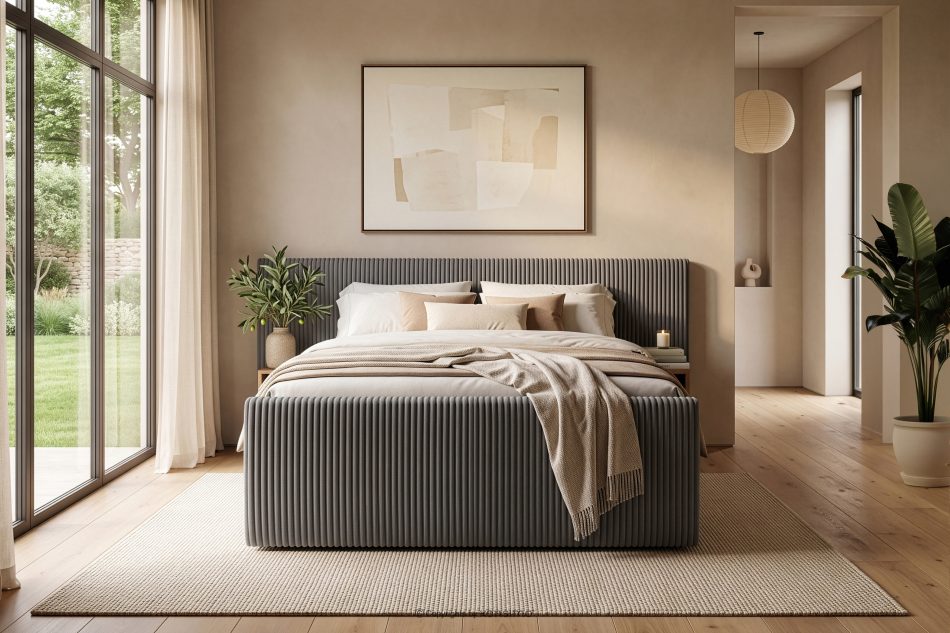LILIUM PRO Boxspringbett mit LED-Nachttischen Doppelzimmer hart 200 cm Doppelmatratze + HR-Topper Cordstoff grau grau - Foto 23