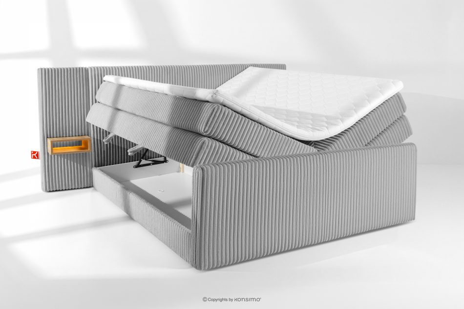 LILIUM PRO Boxspringbett mit LED-Nachttischen Doppelzimmer hart 200 cm Doppelmatratze + HR-Topper Cordstoff hellgrau hellgrau - Foto 8