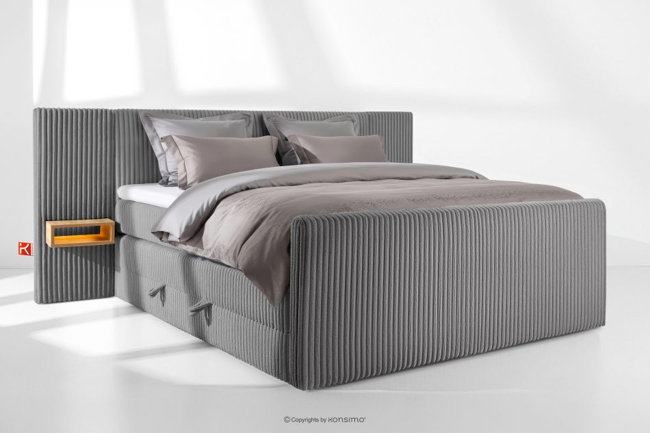 LILIUM PRO Boxspringbett mit LED-Nachttischen Doppelzimmer hart 200 cm Doppelmatratze + Visco-Topper Cordstoff grau grau - Foto 1