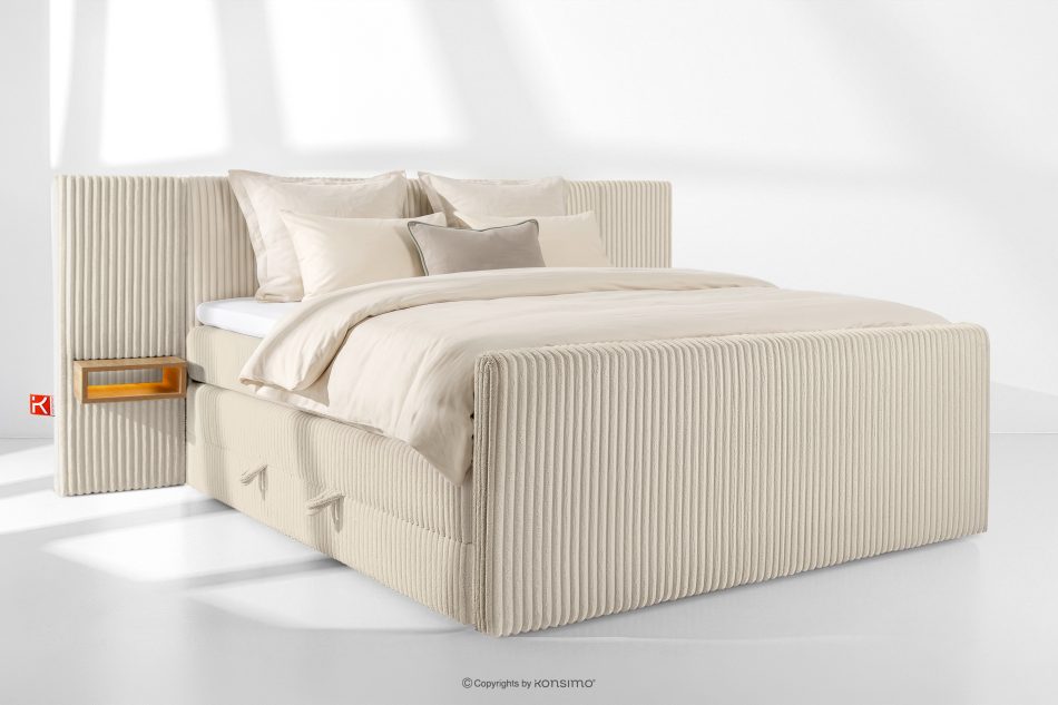 LILIUM PRO Boxspringbett mit LED-Nachttischen Doppelzimmer hart 200 cm Doppelmatratze + Visco-Topper Cordstoff beige beige - Foto 1