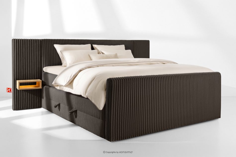 LILIUM PRO Boxspringbett mit LED-Nachttischen Doppelzimmer hart 200 cm Doppelmatratze + Visco-Topper Cordstoff dunkelbraun dunkelbraun - Foto 1