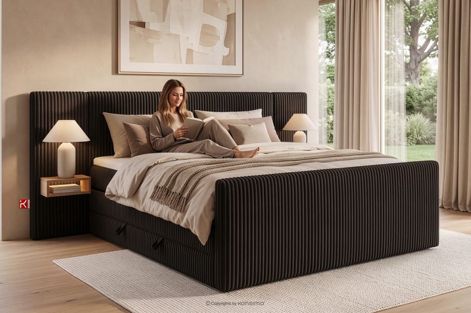 LILIUM PRO Boxspringbett mit LED-Nachttischen Doppelzimmer hart 200 cm Doppelmatratze + Visco-Topper Cordstoff dunkelbraun dunkelbraun - Foto 22