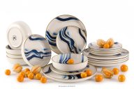 Essgeschirr-Set Wellen im skandinavischen Stil 6 Personen (18 Stück) blau/beige/olivgrün