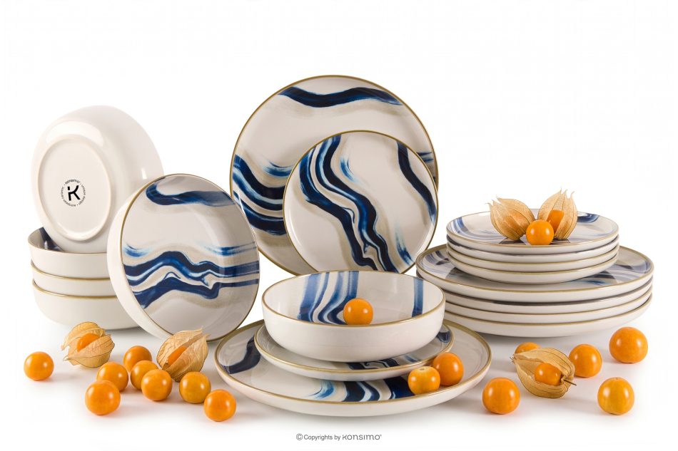 DALLI Essgeschirr-Set Wellen im skandinavischen Stil 6 Personen (18 Stück) blau/beige/olivgrün blau/beige/olivgrün - Foto 0