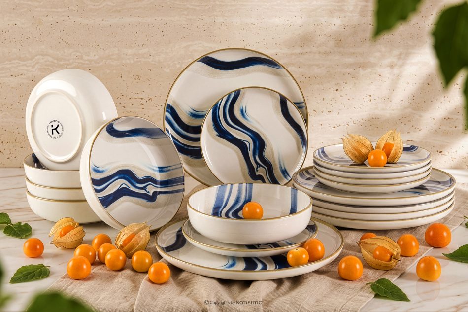 DALLI Essgeschirr-Set Wellen im skandinavischen Stil 6 Personen (18 Stück) blau/beige/olivgrün blau/beige/olivgrün - Foto 1