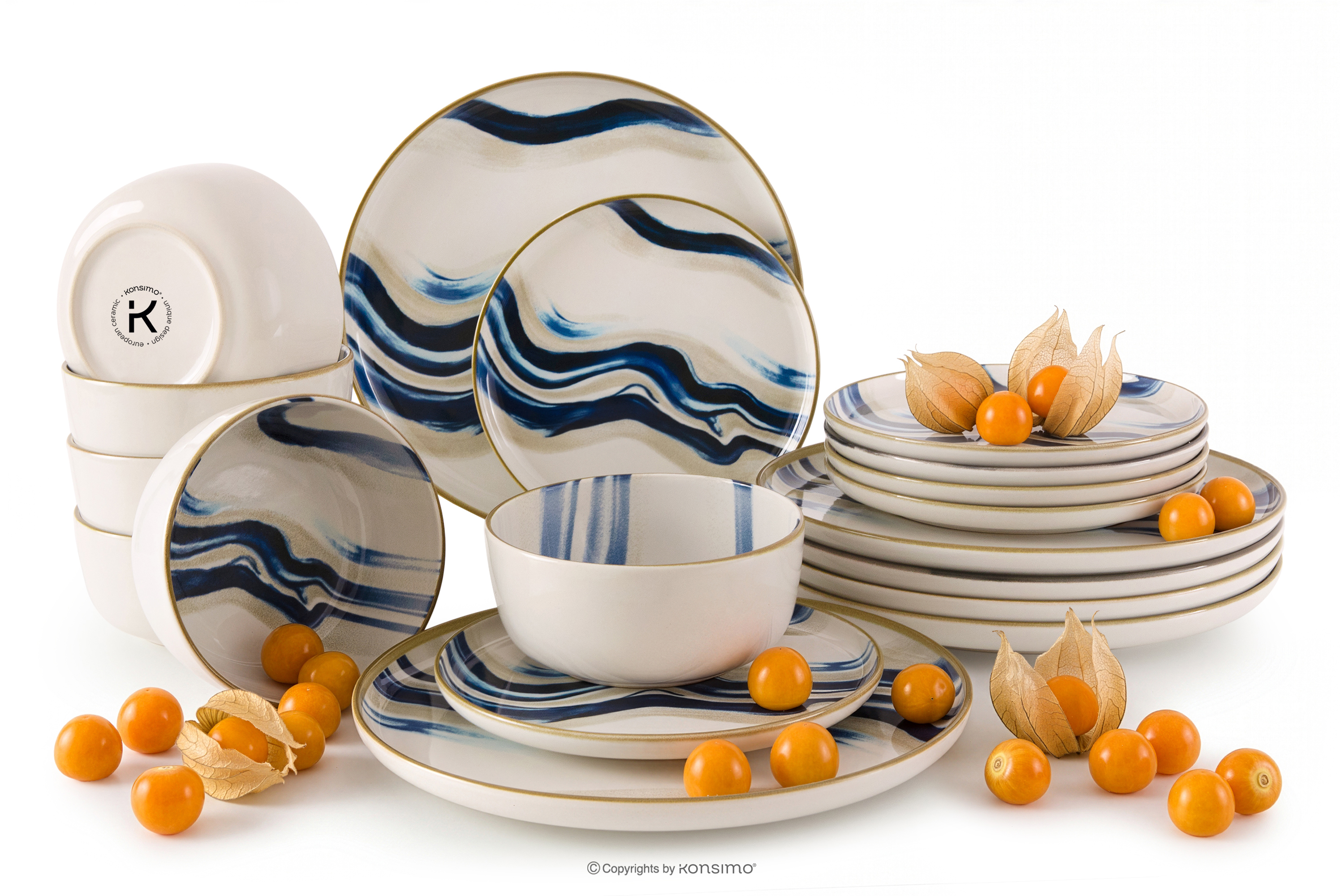 Essgeschirr-Set im skandinavischen Stil 6 Personen (18 Stück) blau/beige/olivgrün