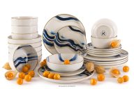 Essgeschirr-Set Wellen im skandinavischen Stil 6 Personen (24 Stück) blau/beige/olivgrün