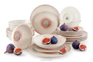 Essgeschirr-Set mediterraner Stil 6 Personen (24 Stück) korallenfarben/beige/blau