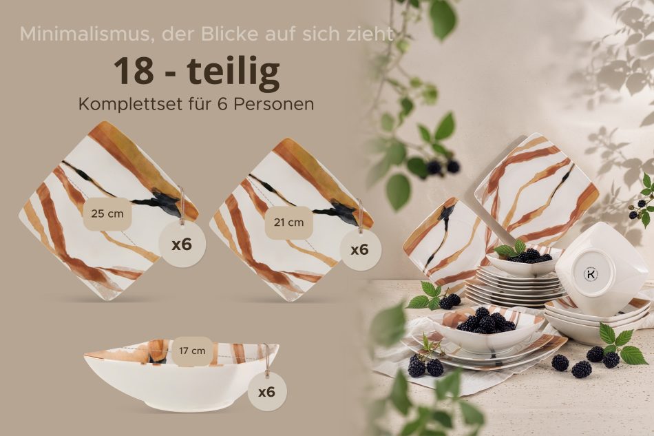 RONARI Essgeschirr-Set quadratischer Boho-Stil 6 Personen (18 Stück) braun/beige/dunkelblau braun/beige/dunkelblau - Foto 8
