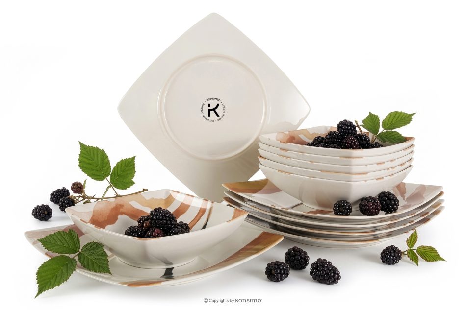 RONARI Essgeschirr-Set quadratischer Boho-Stil 6 Personen (12 Stück) braun/beige/dunkelblau braun/beige/dunkelblau - Foto 2