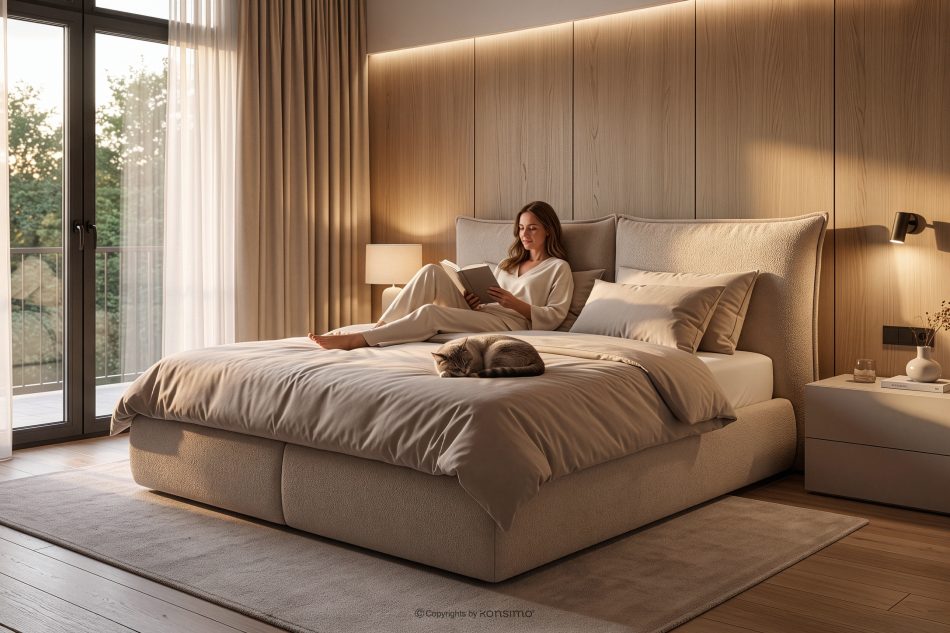 CONSO Bett mit weichem Kopfteil und Lattenrost beige Chenillestoff 180 beige - Foto 17