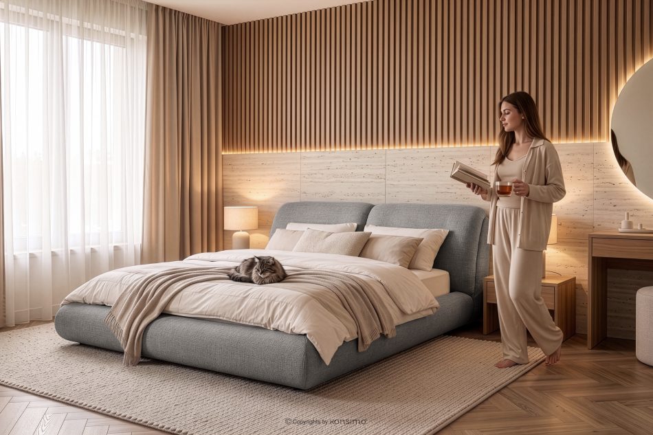 BERO Niedriges Polsterbett mit Bettrahmen 140 cm Dunkelgrau Chenille-Stoff dunkelgrau - Foto 13