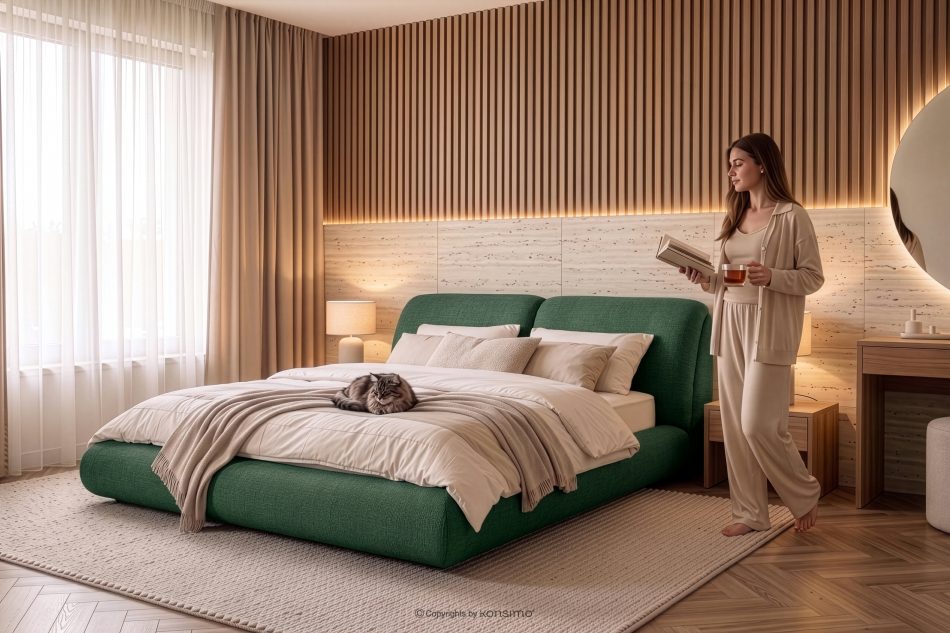 BERO Niedriges Polsterbett mit Bettrahmen 140 cm Grün Chenille-Stoff grün - Foto 13