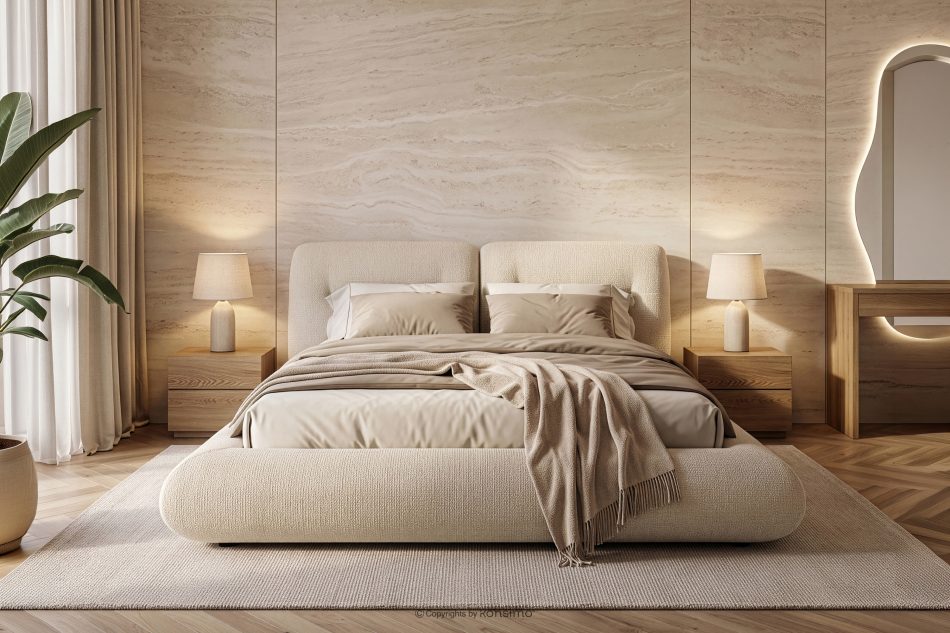 BERO Niedriges Polsterbett mit Bettrahmen 140 cm cremefarbener Chenille-Stoff cremefarben - Foto 14
