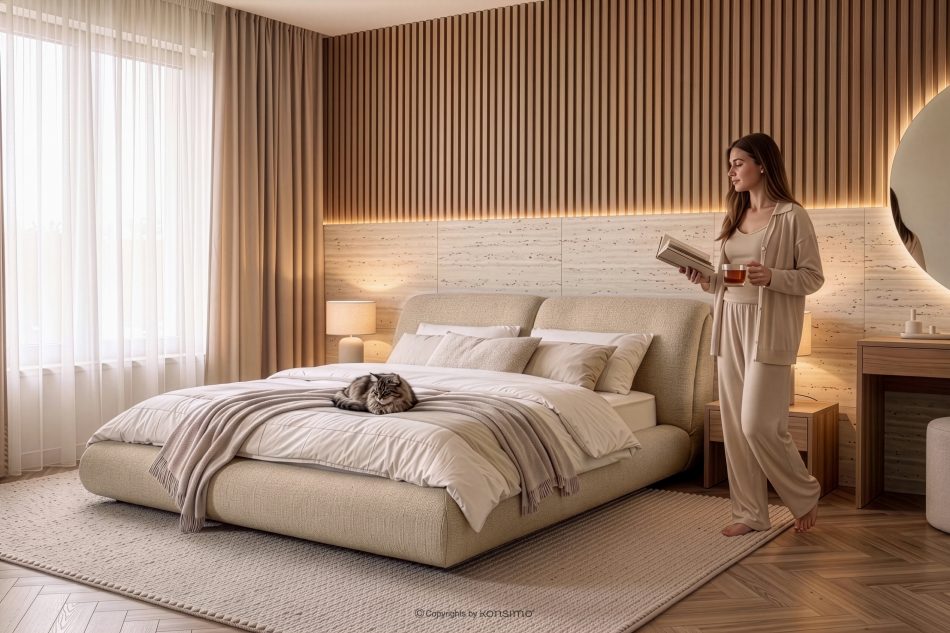 BERO Niedriges Polsterbett mit Bettrahmen 140 cm beiger Chenille-Stoff beige - Foto 13
