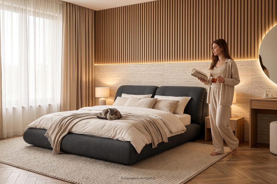 BERO Niedriges Polsterbett mit Bettrahmen 180 cm anthrazitfarbener Chenille-Stoff anthrazit - Foto 13