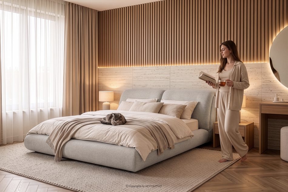 BERO Niedriges Polsterbett mit Bettrahmen 180 cm hellgrau Chenille-Stoff hellgrau - Foto 13