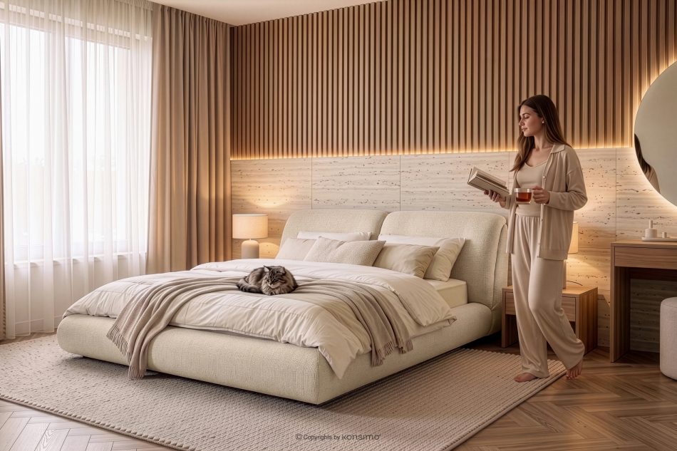 BERO Niedriges Polsterbett mit Bettrahmen 180 cm cremefarbener Chenille-Stoff cremefarben - Foto 13