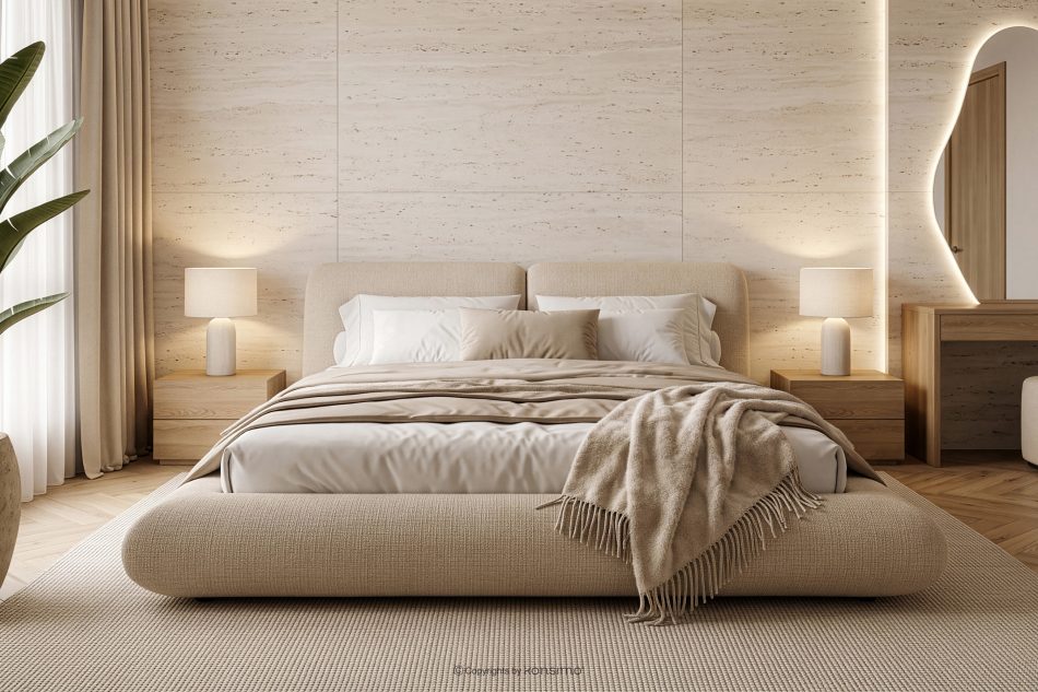 BERO Niedriges Polsterbett mit Bettrahmen 180 cm beiger Chenille-Stoff beige - Foto 14